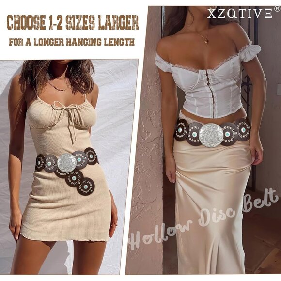 Woman's Western PU Leather Belt Concho Disc Wide Waist Belt Coffee Silver Buckle - Picture 4 of 6
